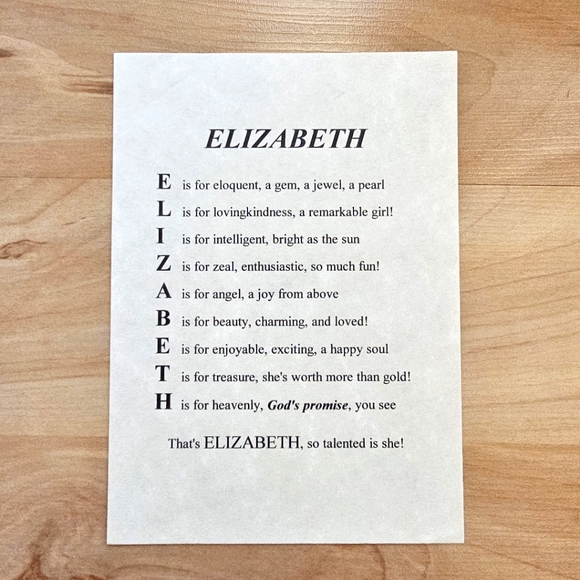 Personalized Poem on Parchment Name "Elizabeth" - Picture 1 of 3